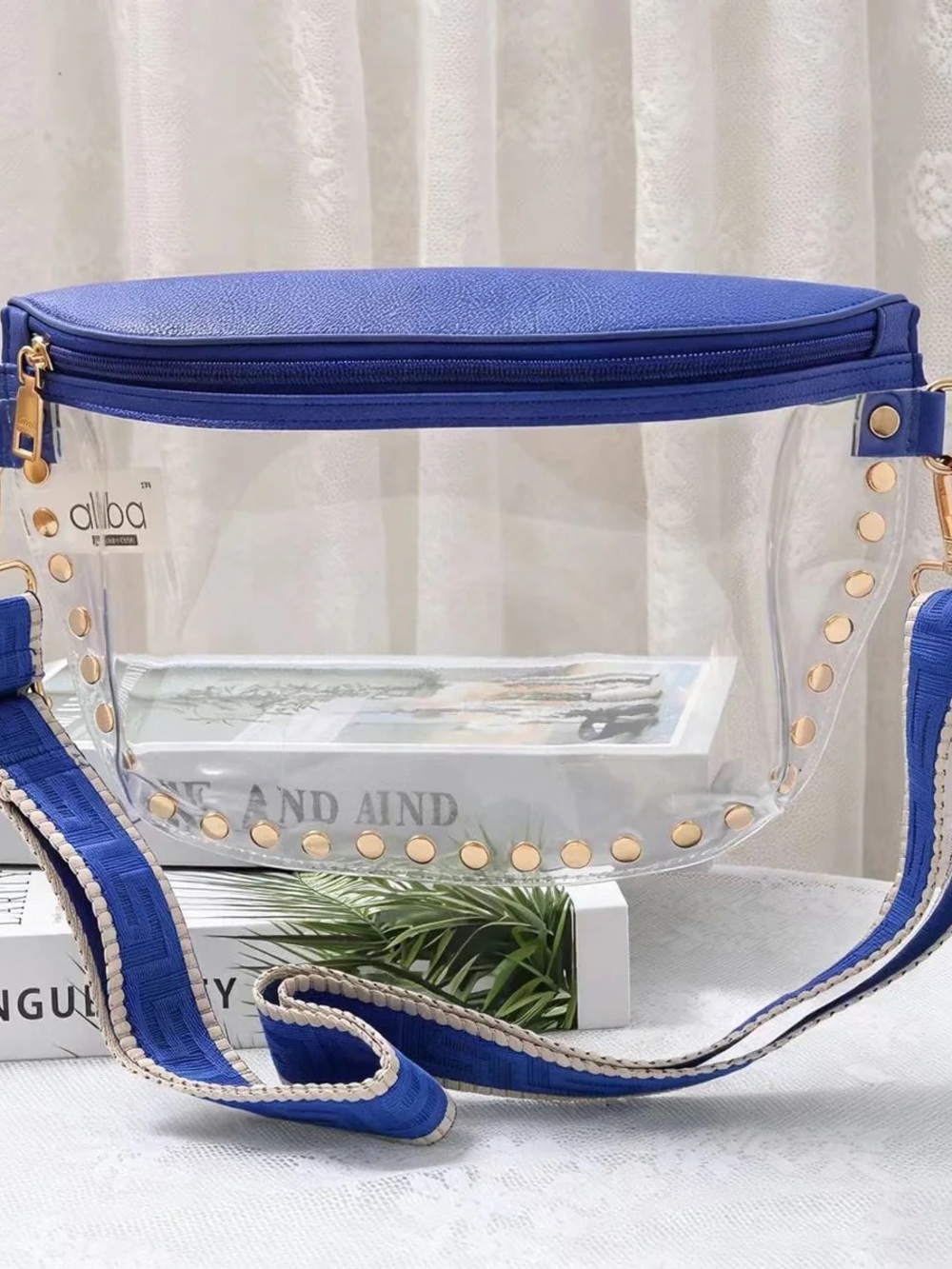 Alba Clear Crossbody with Royal Blue Trim and Gold Studs